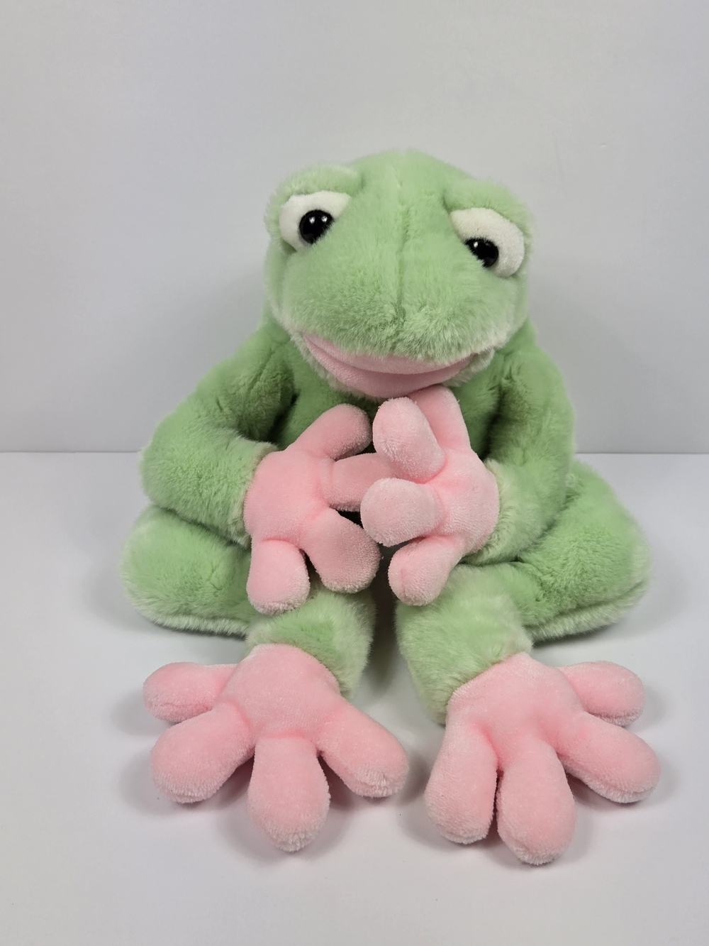 Vintage FAO Schwarz Frog Plush 22" Green Pink Medium Stuffed Animal Y2K
